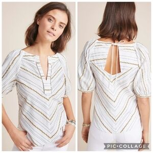 Maeve Anthropologie Fruit Embroidered V-Neck Puff Sleeve White Cotton Blouse